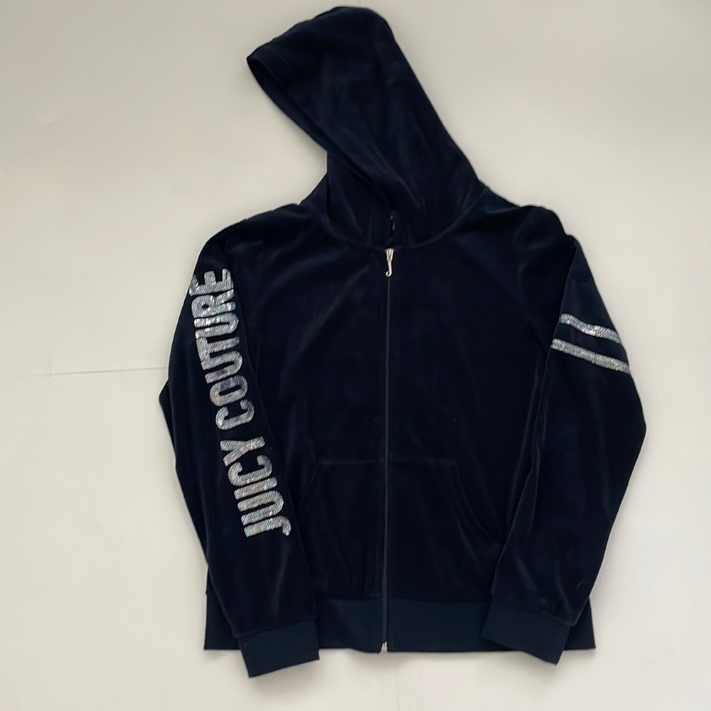 Juicy Couture Navy Velour Zip Hoodie with Silver Glitter Logo